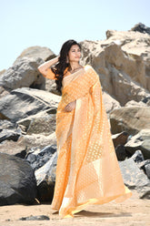 'Mehfil-e-Rang' Orange Pure Resham Cotton Silk Banarasi Handloom Saree
